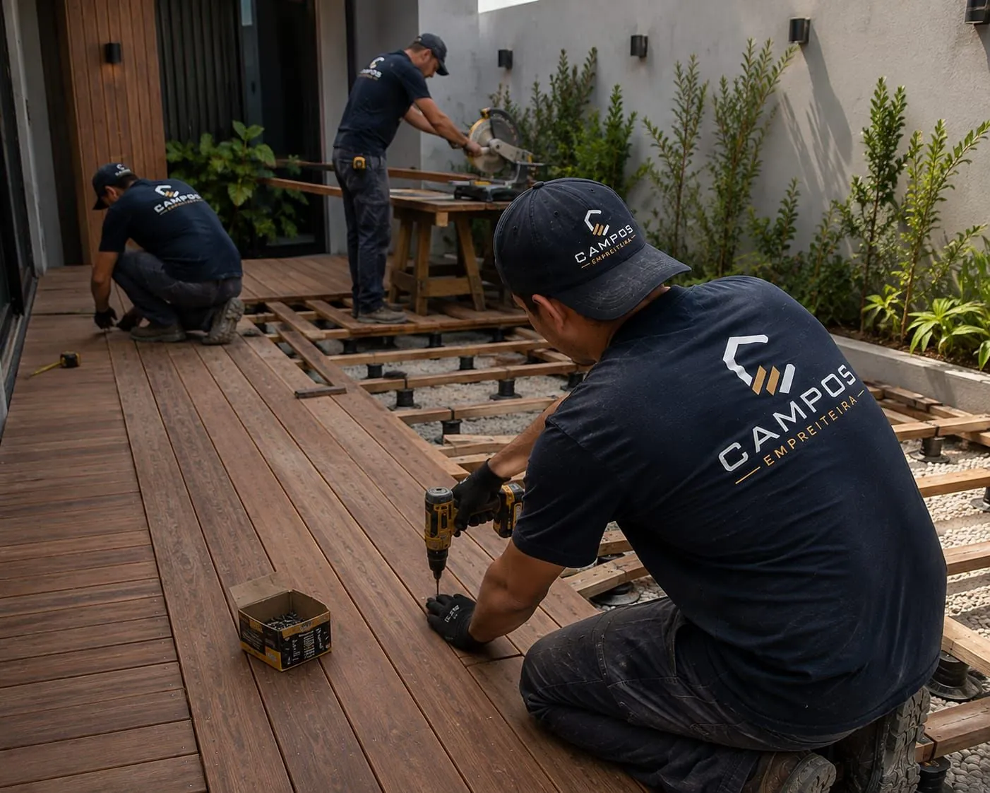 Equipe da Campos Empreiteira instalando deck de madeira em área externa com jardim