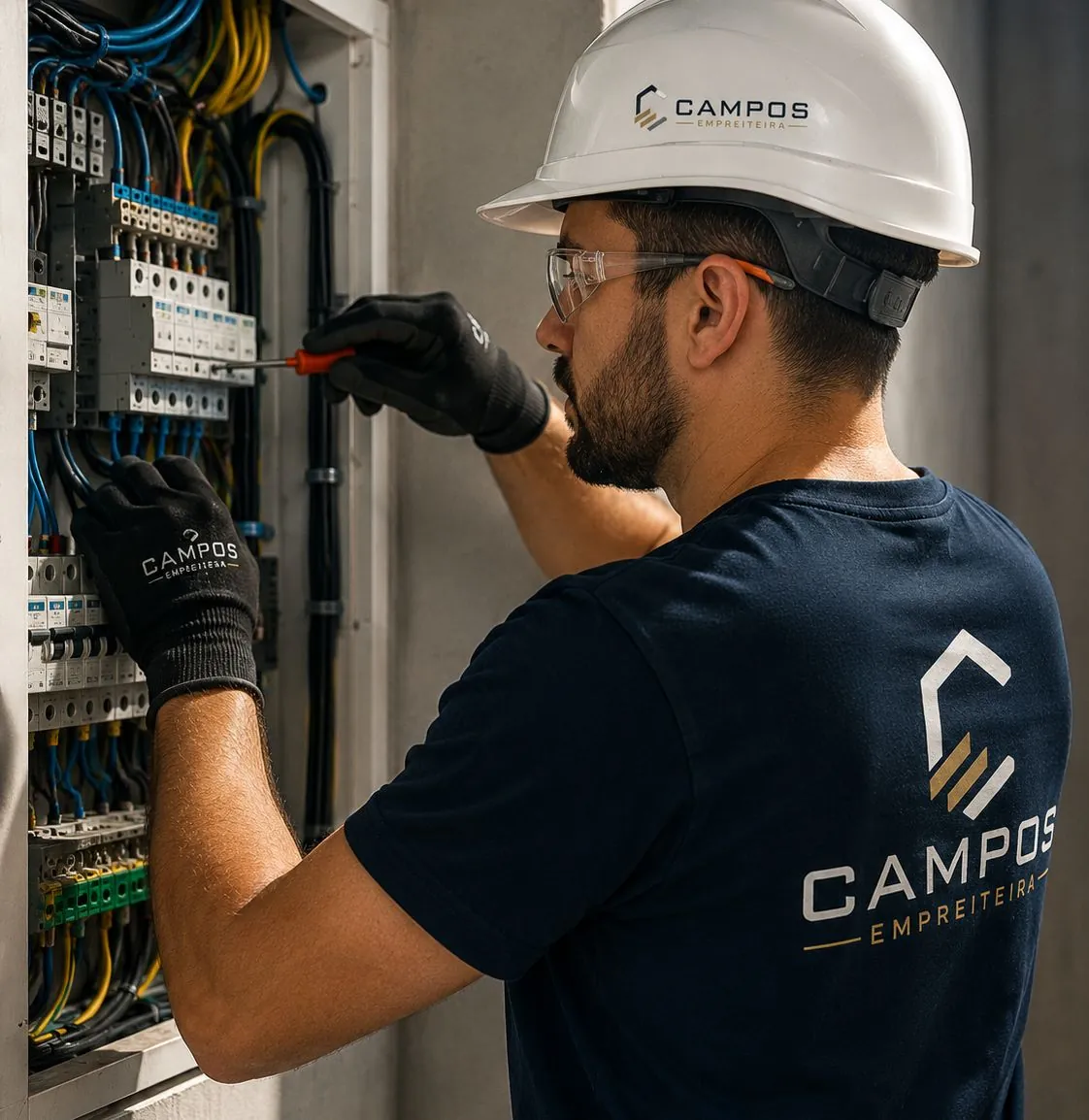 Eletricista da Campos Empreiteira com capacete trabalhando em quadro de distribuição
