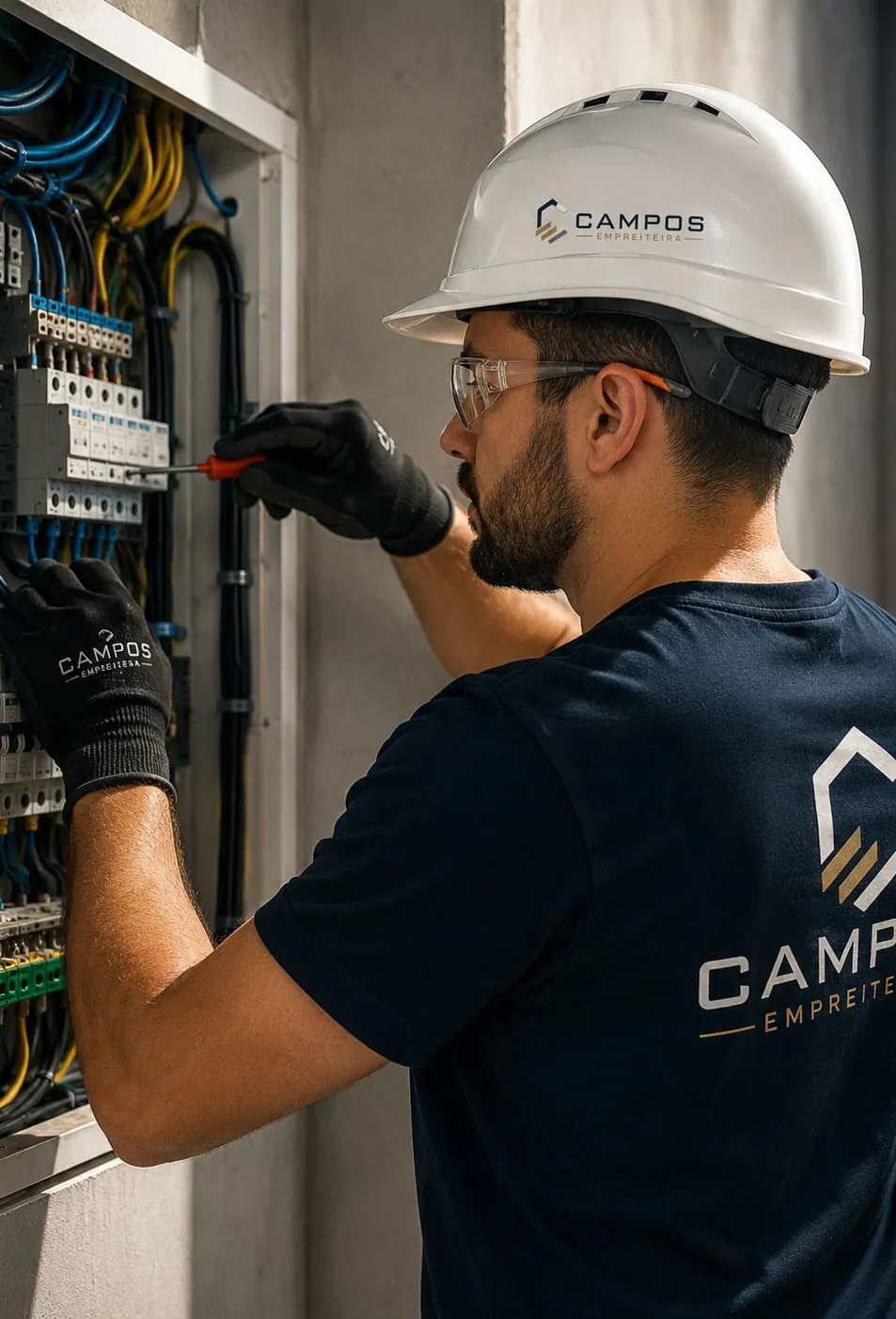 Eletricista uniformizado ajustando disjuntores em quadro elétrico