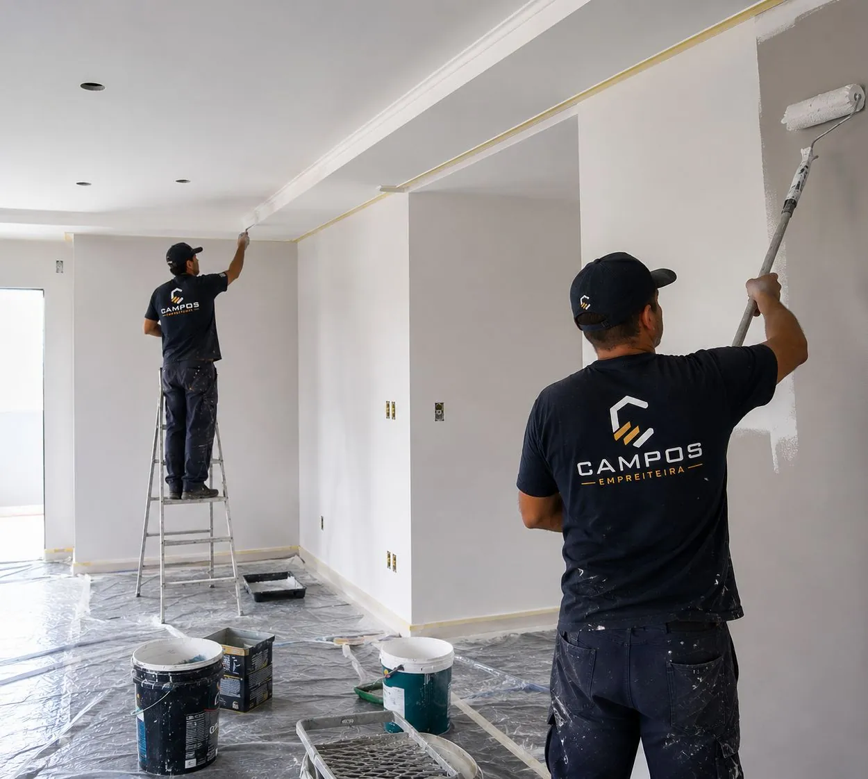 Dois pintores da Campos Empreiteira trabalhando em ambiente com piso protegido por lona